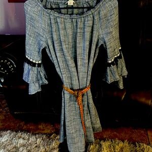 Light blue off the shoulder fringe 1/4 sleeve loose dress